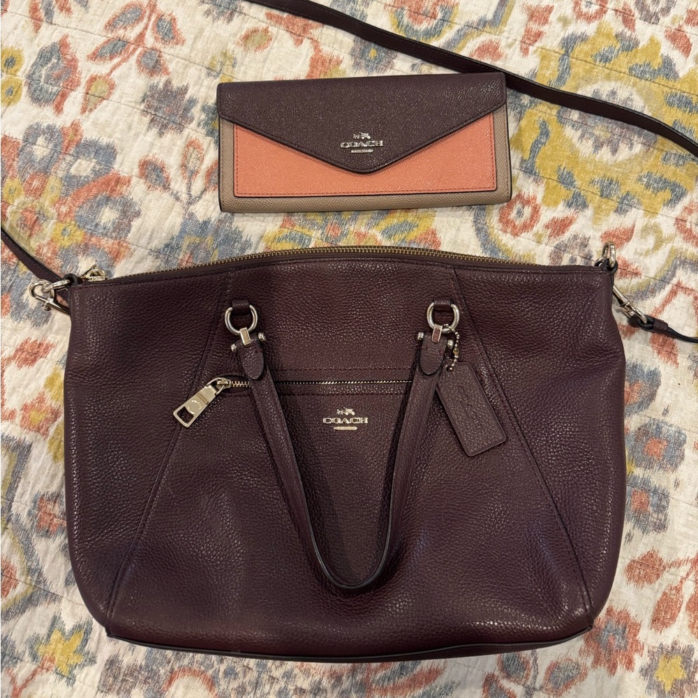 Merlot Coach Prarie Purse With Matching Soft Wallet In Pink Color Block